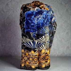 Bohemian Silk/Rayon Eclectic Scarf/Wrap Chico's Floral Cobalt Blue Yellow Gold